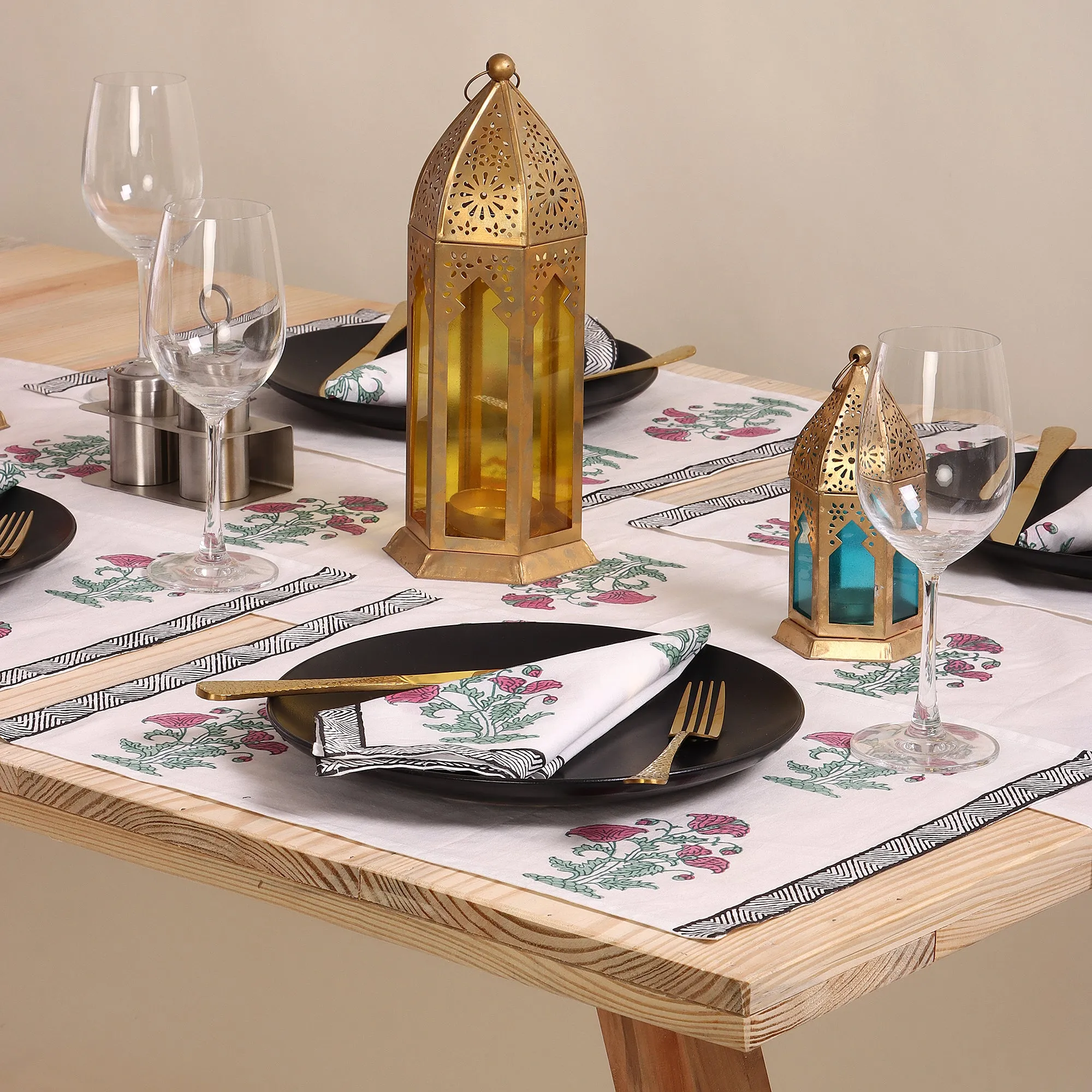 Hand Block Pink Floral Printed Cotton Coffee Table Runner