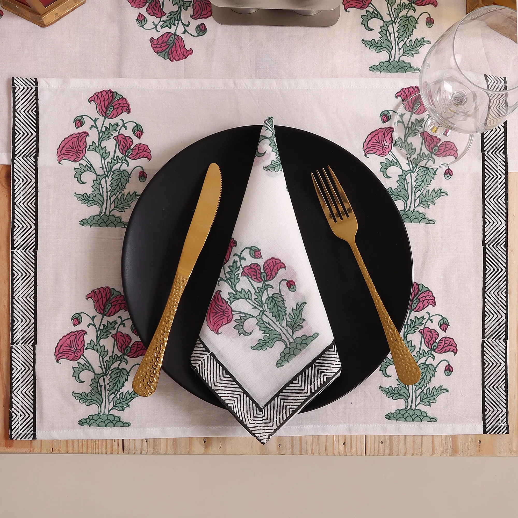 Hand Block Pink Floral Printed Cotton Coffee Table Runner