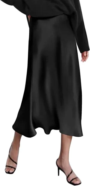 HOTOUCH Womens Midi Skirt High Waisted Solid Satin Dress Zipper Elegant Work Skirts