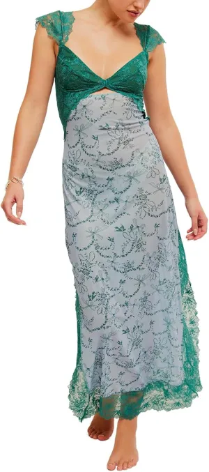 HOXIJIA Women Y2K Floral Lace Maxi Dress Sexy Low Cut Backless Side Slit Long Dress Summer Sleeveless Hollow Out Slip Dress