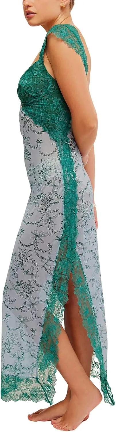 HOXIJIA Women Y2K Floral Lace Maxi Dress Sexy Low Cut Backless Side Slit Long Dress Summer Sleeveless Hollow Out Slip Dress