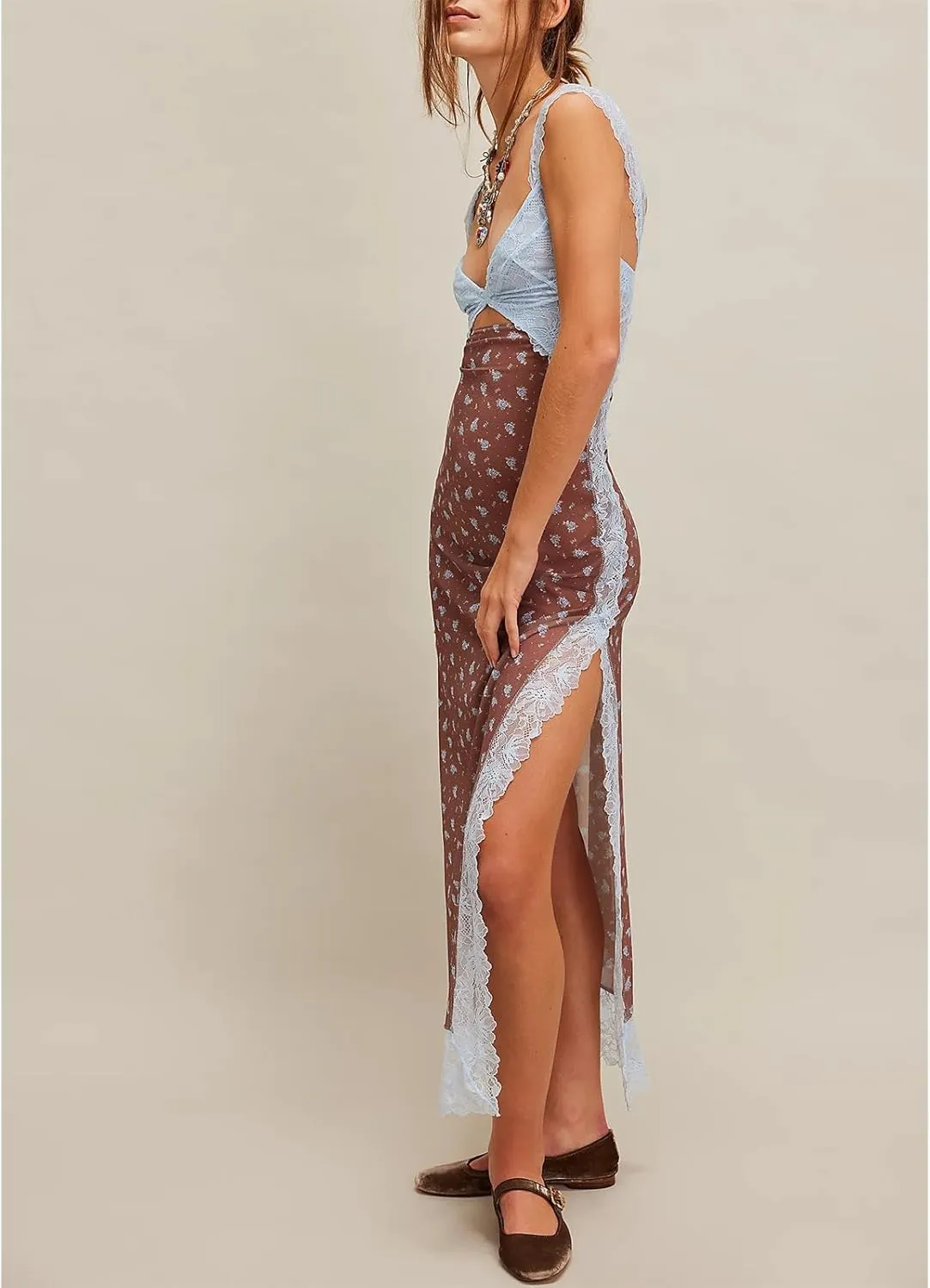 HOXIJIA Women Y2K Floral Lace Maxi Dress Sexy Low Cut Backless Side Slit Long Dress Summer Sleeveless Hollow Out Slip Dress