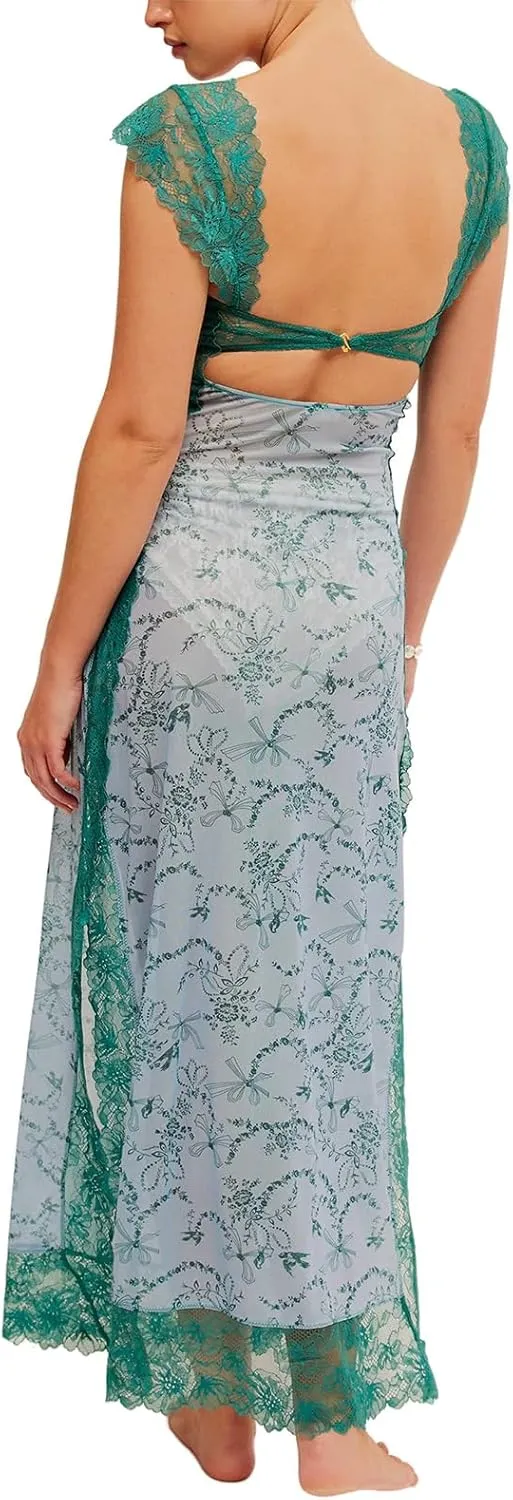 HOXIJIA Women Y2K Floral Lace Maxi Dress Sexy Low Cut Backless Side Slit Long Dress Summer Sleeveless Hollow Out Slip Dress