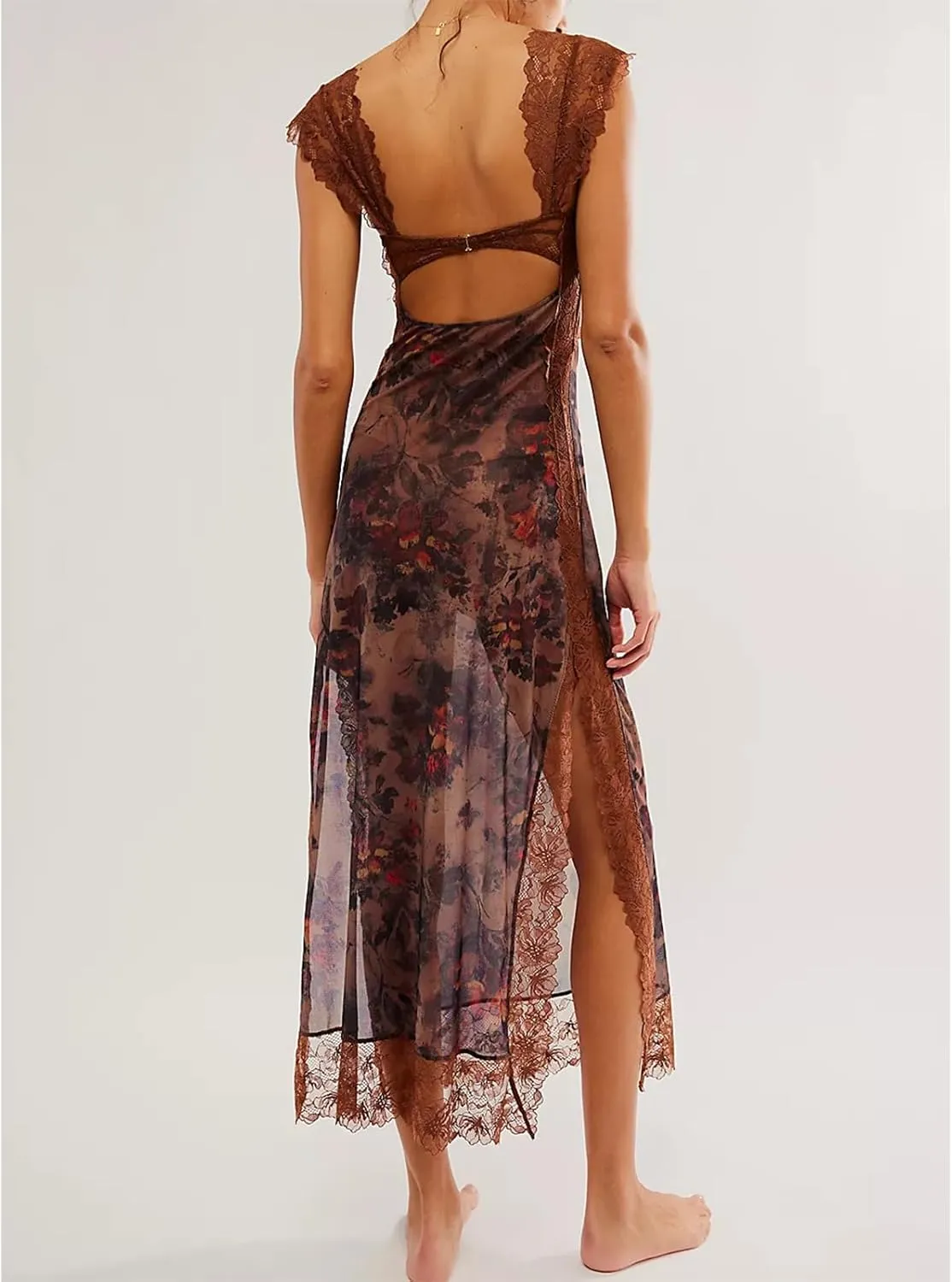 HOXIJIA Women Y2K Floral Lace Maxi Dress Sexy Low Cut Backless Side Slit Long Dress Summer Sleeveless Hollow Out Slip Dress
