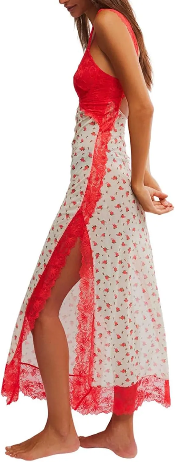 HOXIJIA Women Y2K Floral Lace Maxi Dress Sexy Low Cut Backless Side Slit Long Dress Summer Sleeveless Hollow Out Slip Dress