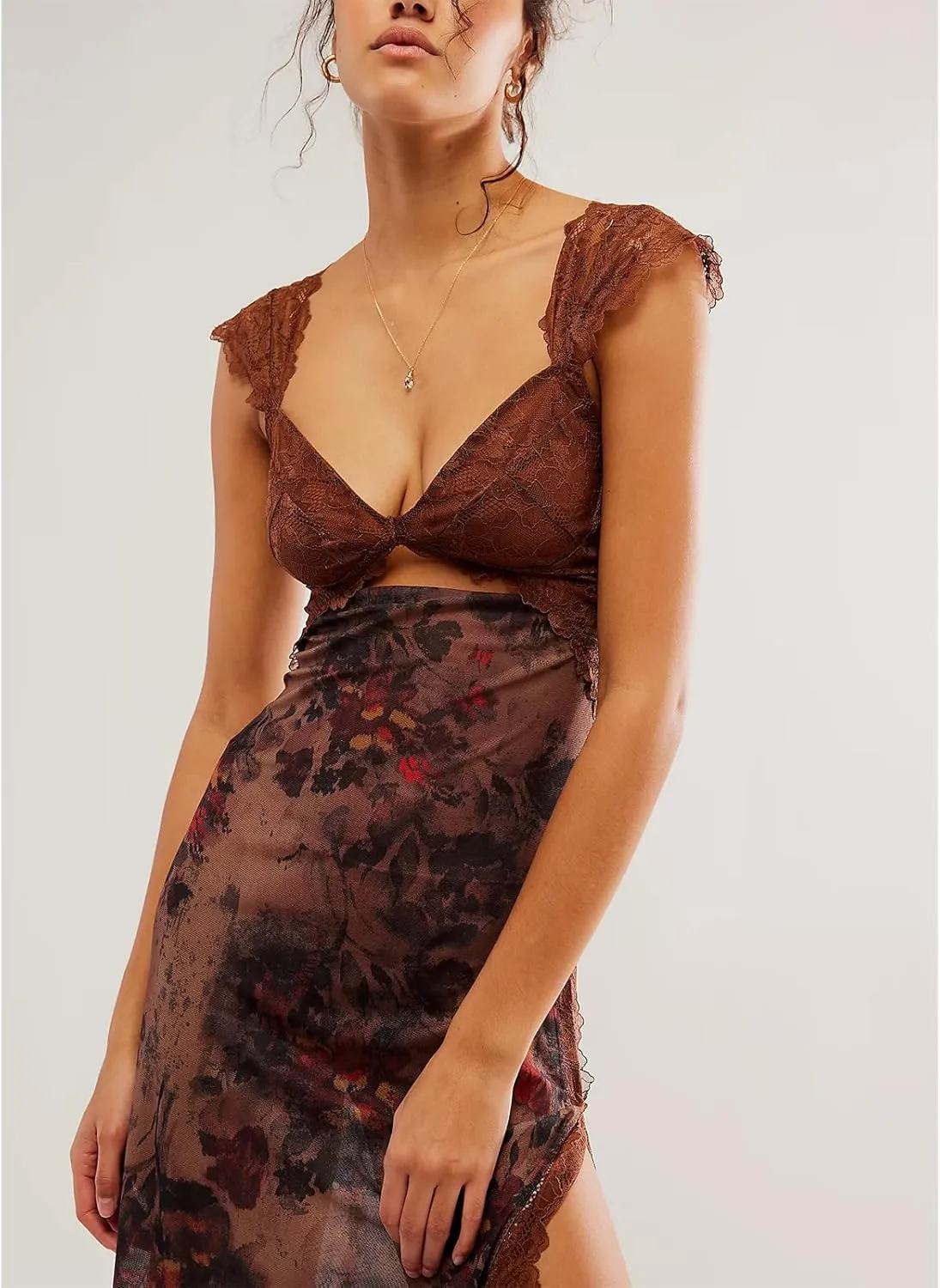 HOXIJIA Women Y2K Floral Lace Maxi Dress Sexy Low Cut Backless Side Slit Long Dress Summer Sleeveless Hollow Out Slip Dress