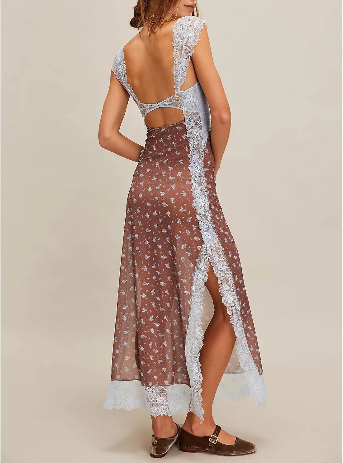 HOXIJIA Women Y2K Floral Lace Maxi Dress Sexy Low Cut Backless Side Slit Long Dress Summer Sleeveless Hollow Out Slip Dress