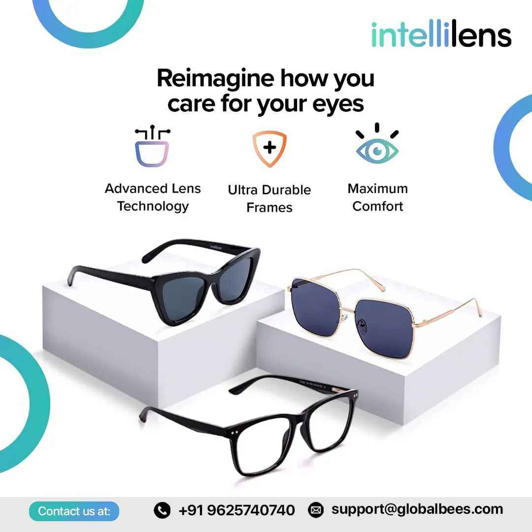 Intellilens® Square Blue Cut Computer Glasses for Eye Protection | Zero Power, Anti Glare & Blue Light Filter Glasses | Frames & Blue Cut Lenses (Black) Pack of 50