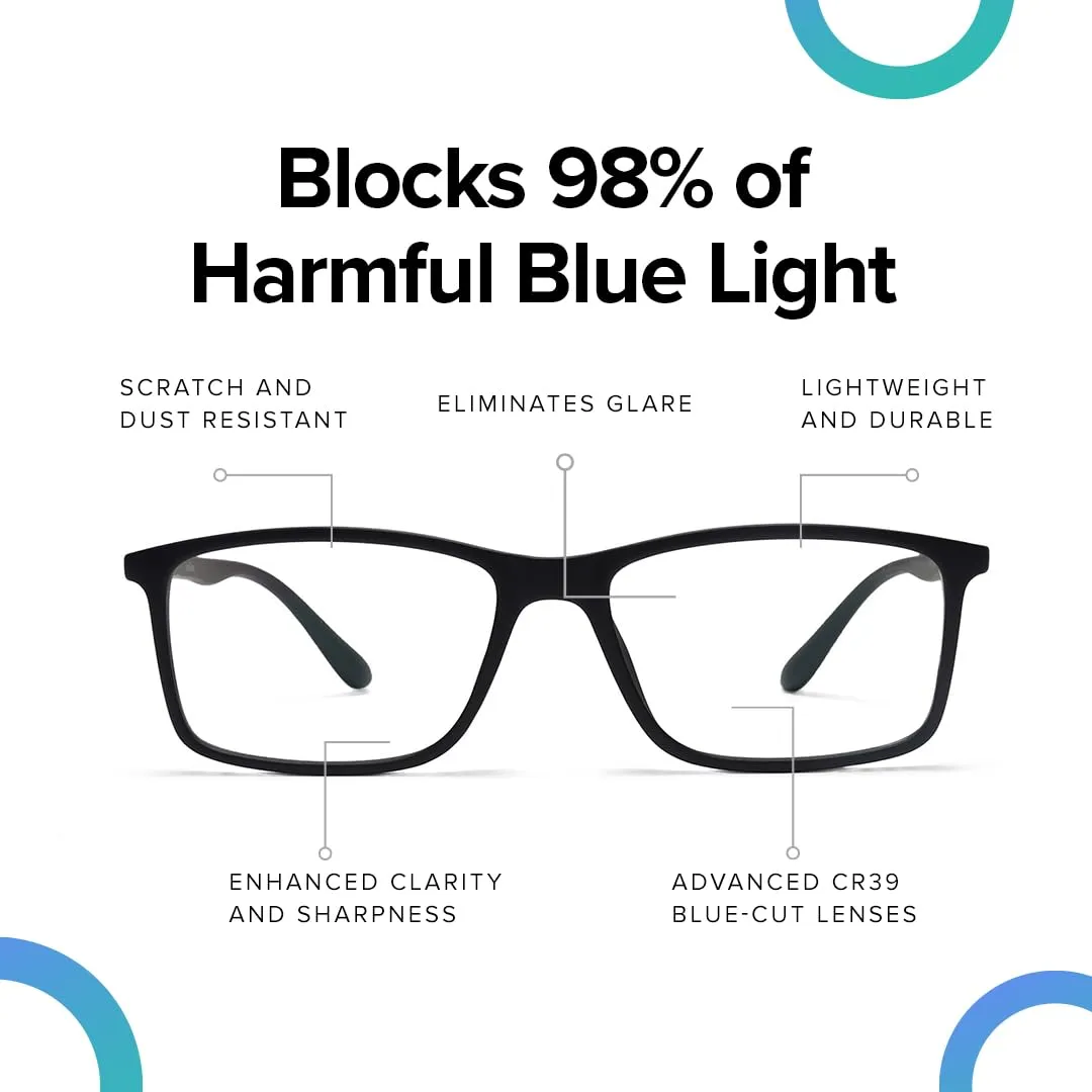 Intellilens® Square Blue Cut Computer Glasses for Eye Protection | Zero Power, Anti Glare & Blue Light Filter Glasses | Frames & Blue Cut Lenses (Black) Pack of 50