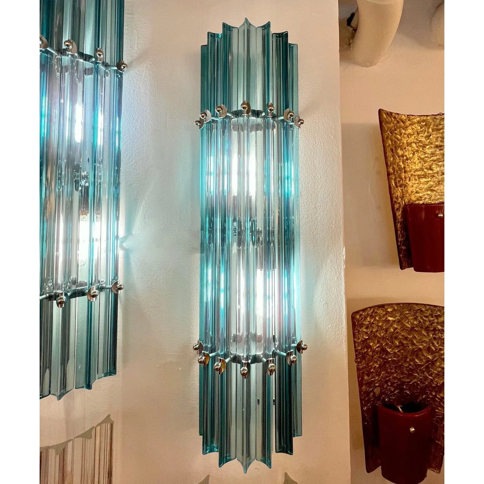 Italian Contemporary Minimalist Pair of Aquamarine Murano Glass Nickel Sconces