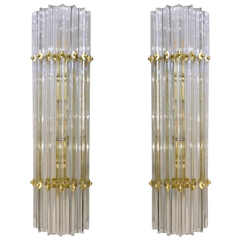 Italian Contemporary Minimalist Pair of Aquamarine Murano Glass Nickel Sconces