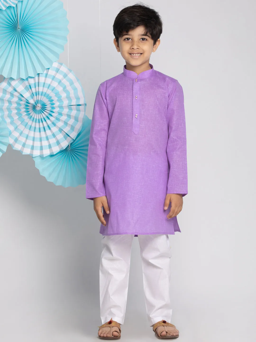 Jashvi Boys' Purple And White Kurta Pyjama Set