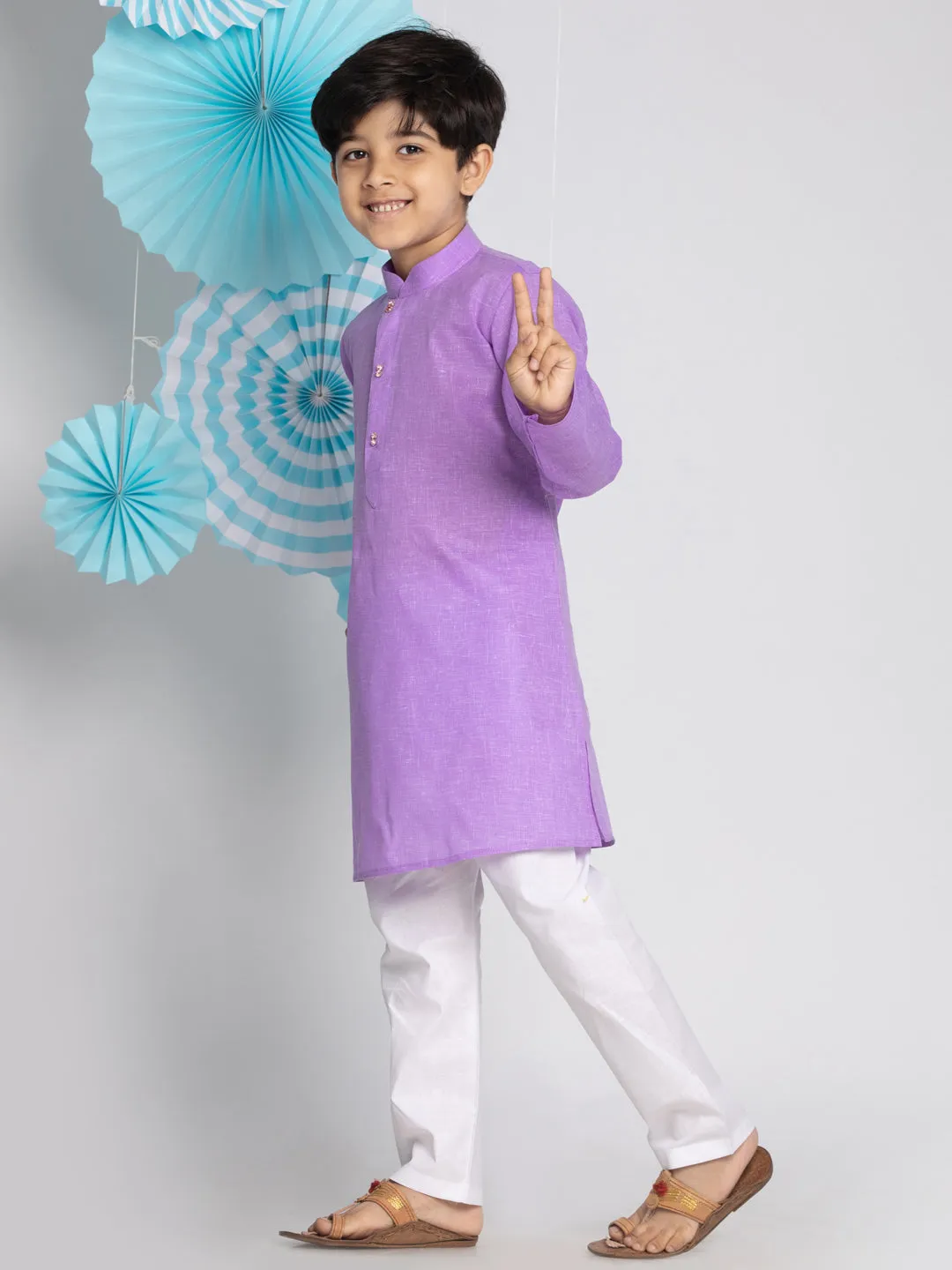 Jashvi Boys' Purple And White Kurta Pyjama Set