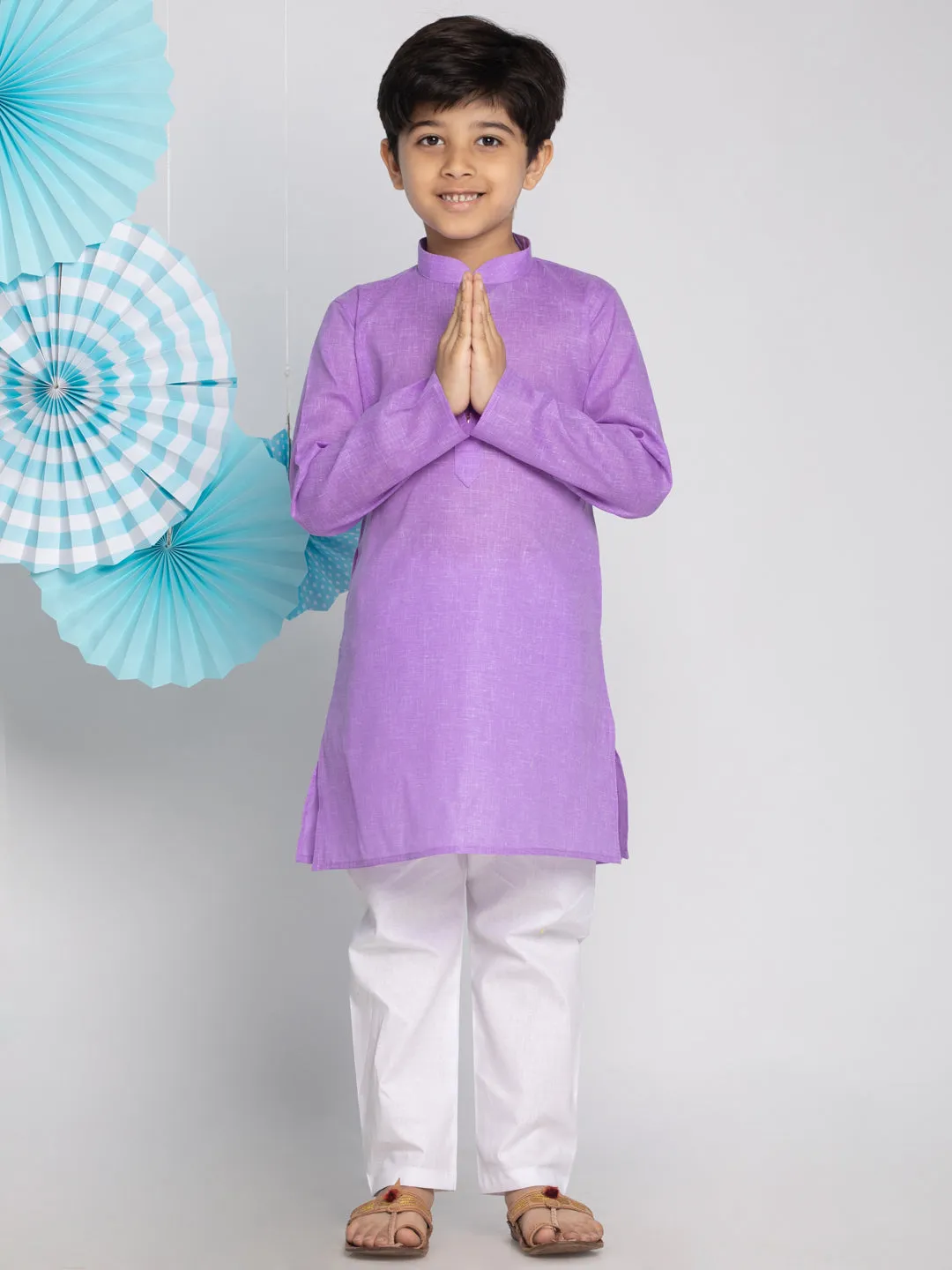 Jashvi Boys' Purple And White Kurta Pyjama Set