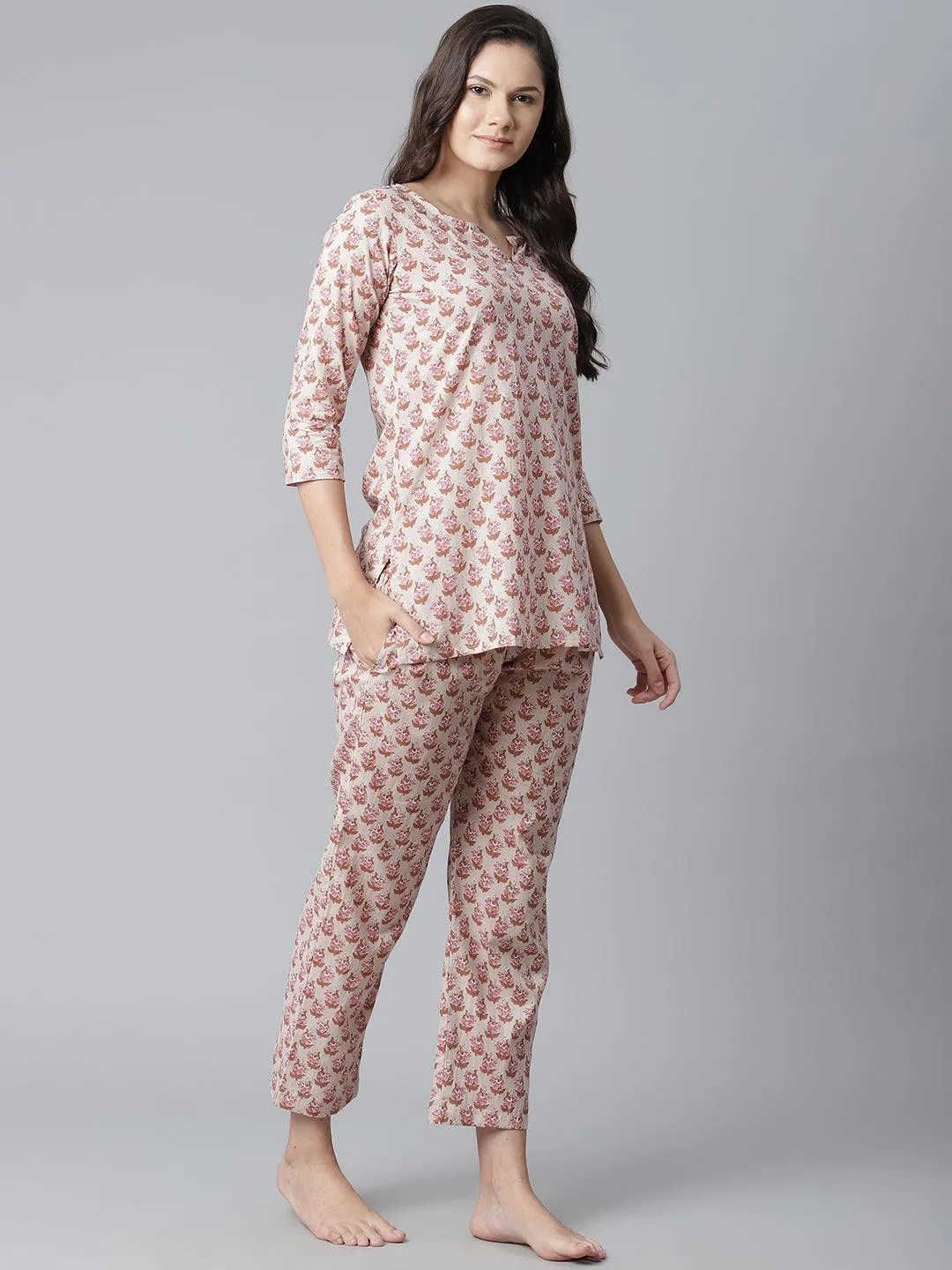 Jashvi  Floral Pink Motif Cotton Nightsuit