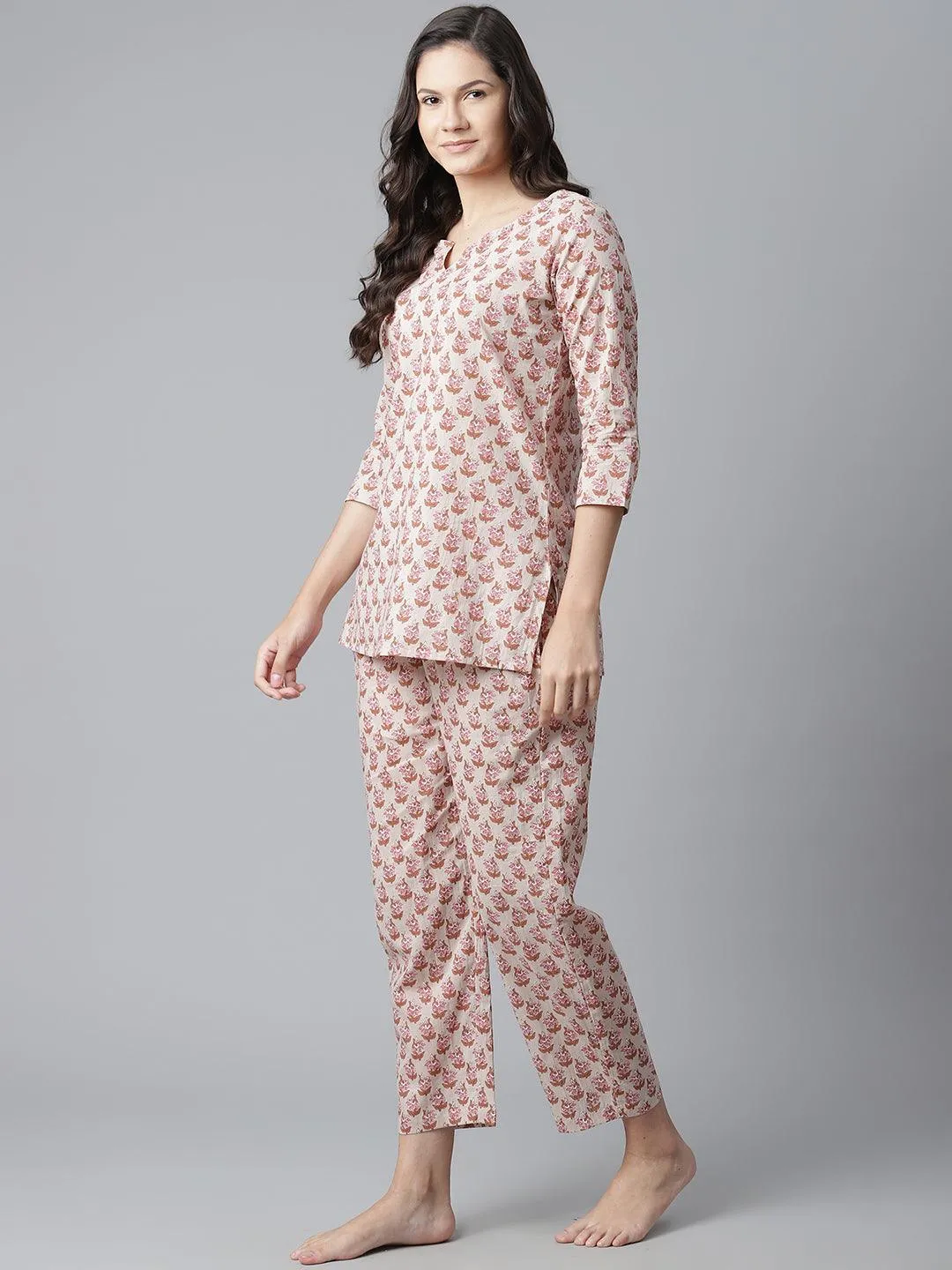 Jashvi  Floral Pink Motif Cotton Nightsuit