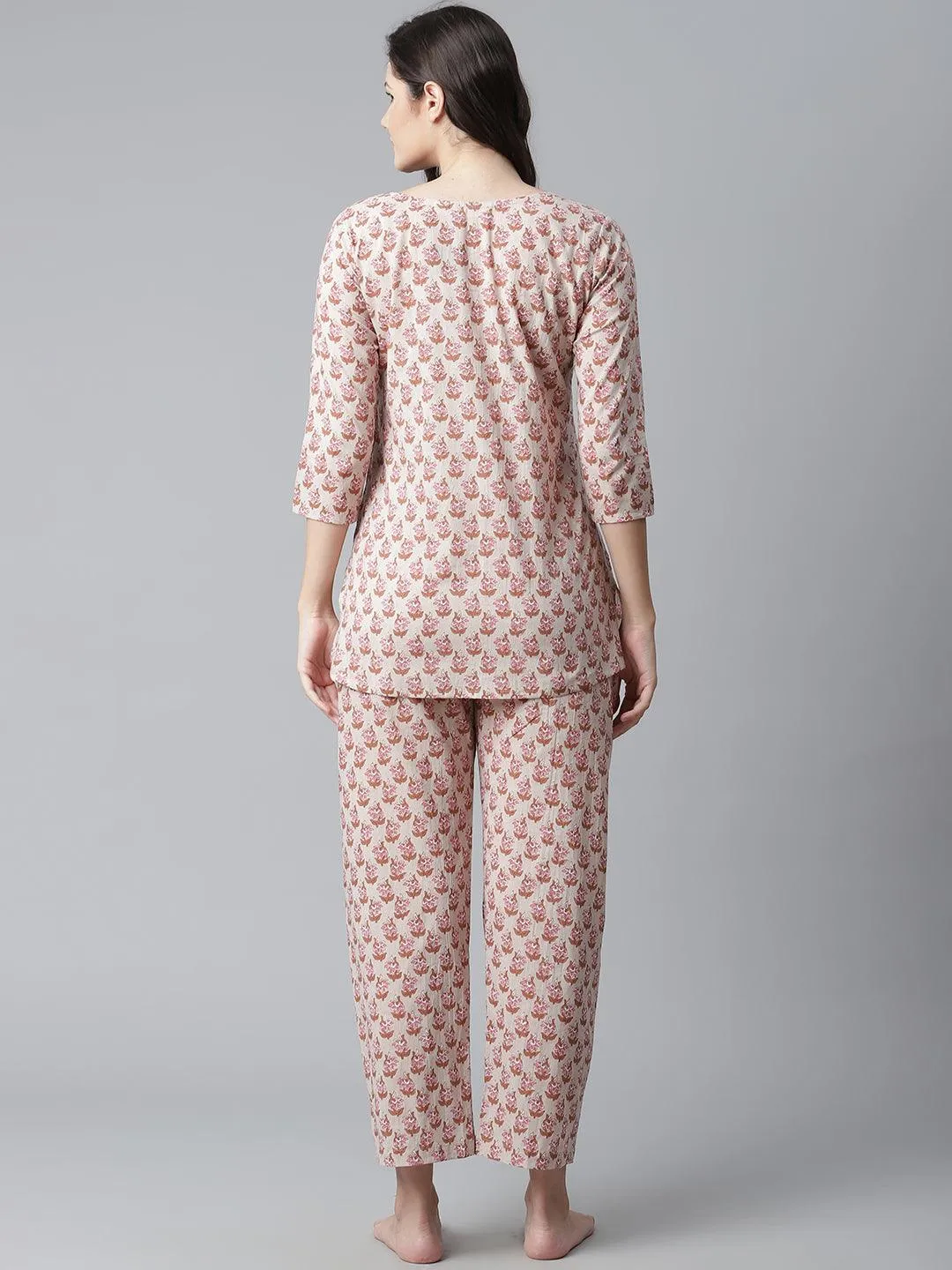 Jashvi  Floral Pink Motif Cotton Nightsuit