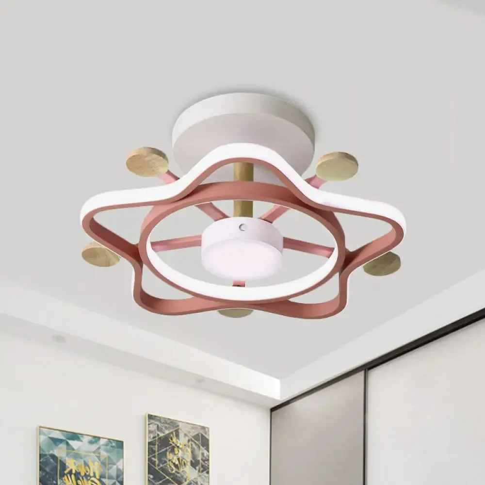 Kid's Pink/Blue Wood Pentagram LED Semi Flush Light - Ceiling Lighting for Baby Room in Warm/White Light