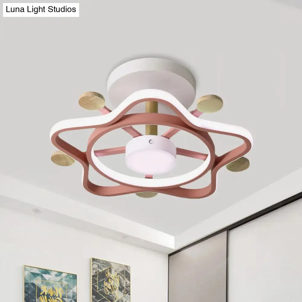 Kid's Pink/Blue Wood Pentagram LED Semi Flush Light - Ceiling Lighting for Baby Room in Warm/White Light