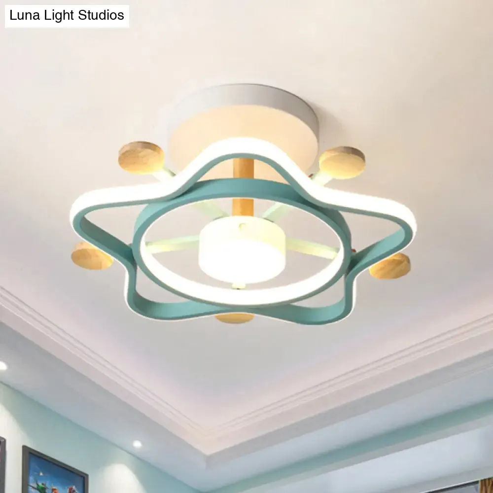 Kid's Pink/Blue Wood Pentagram LED Semi Flush Light - Ceiling Lighting for Baby Room in Warm/White Light
