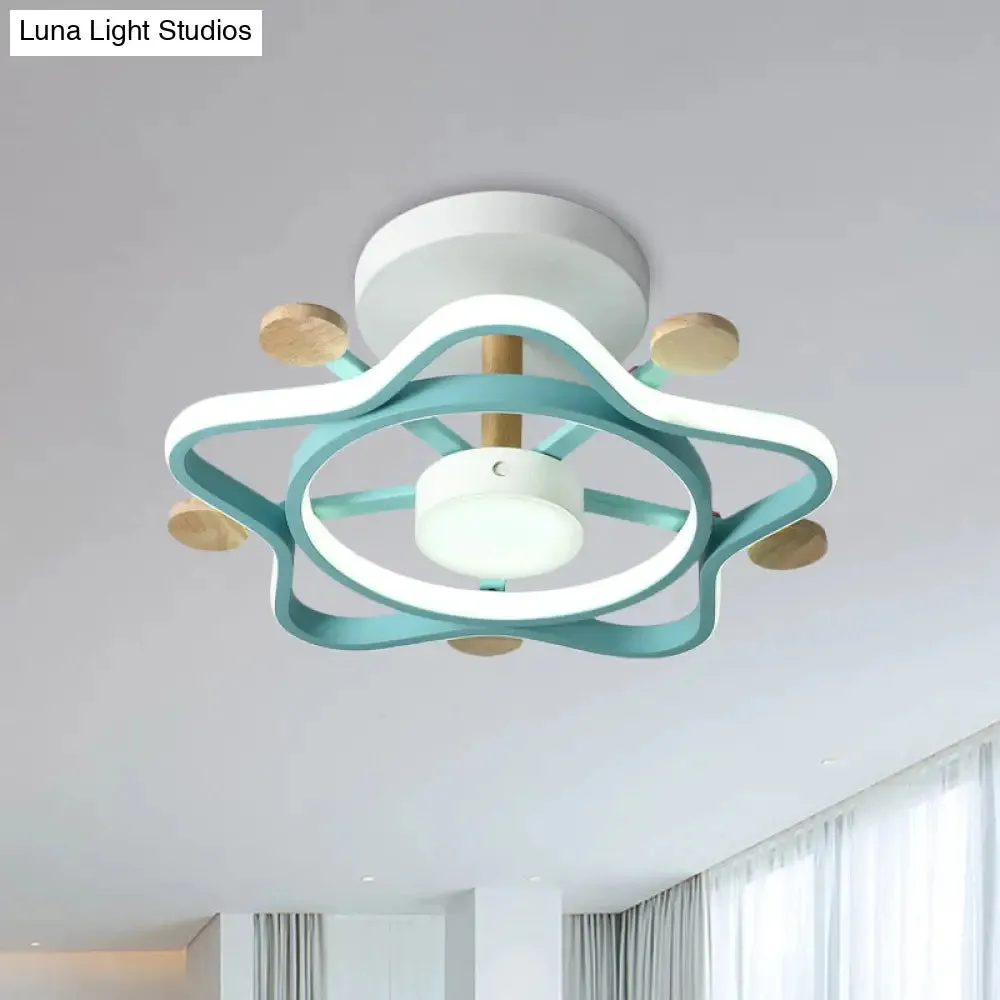 Kid's Pink/Blue Wood Pentagram LED Semi Flush Light - Ceiling Lighting for Baby Room in Warm/White Light
