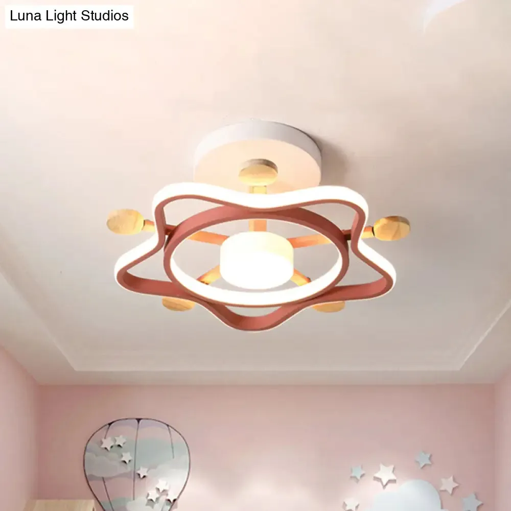 Kid's Pink/Blue Wood Pentagram LED Semi Flush Light - Ceiling Lighting for Baby Room in Warm/White Light