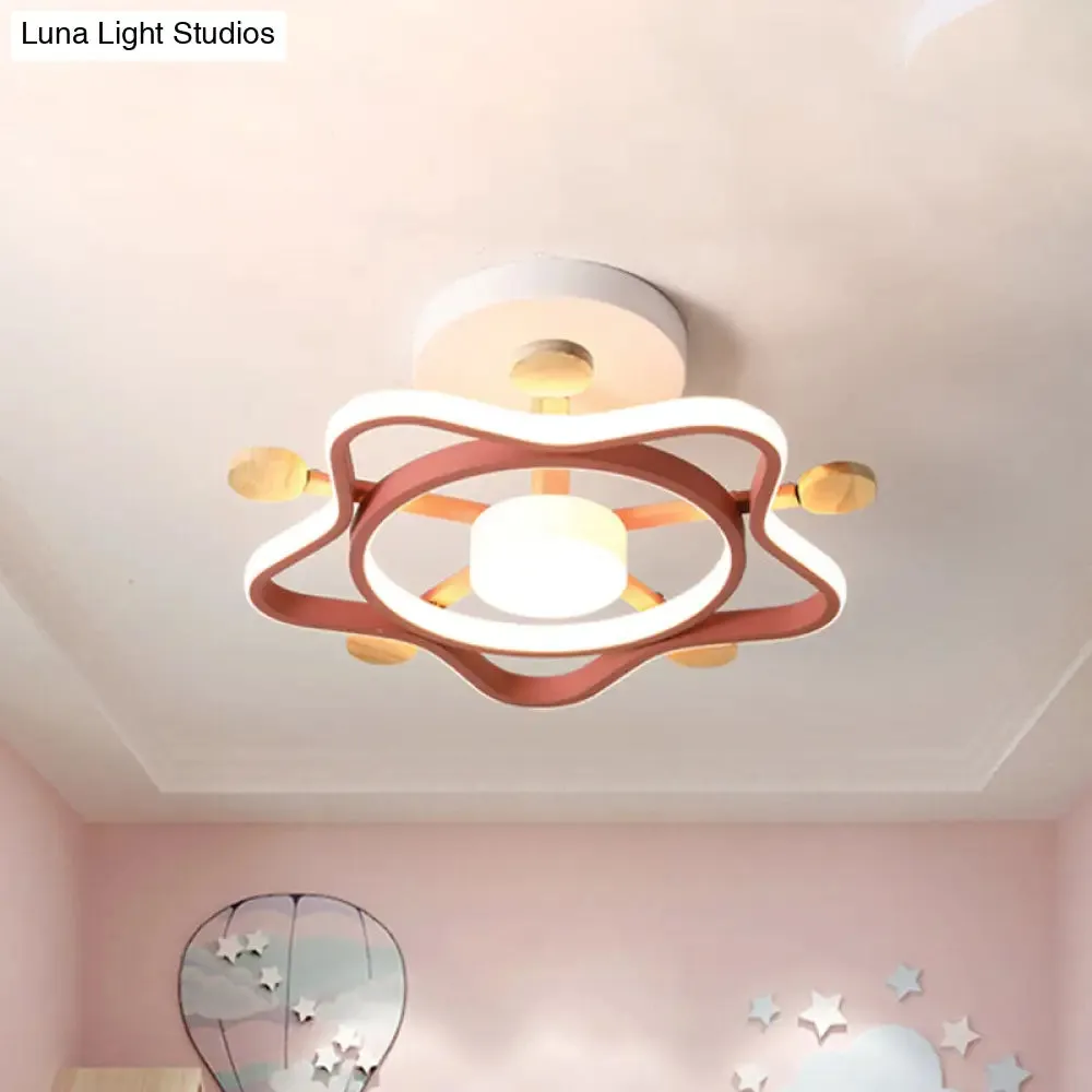 Kid's Pink/Blue Wood Pentagram LED Semi Flush Light - Ceiling Lighting for Baby Room in Warm/White Light