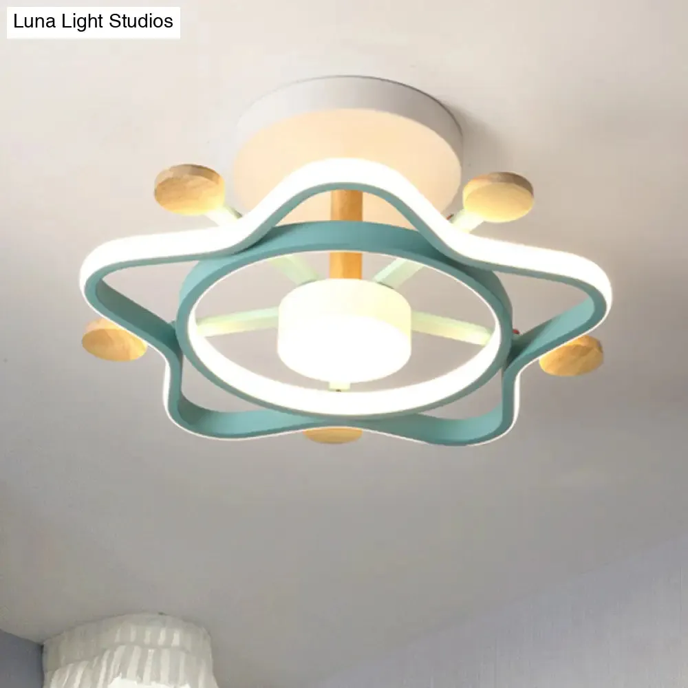 Kid's Pink/Blue Wood Pentagram LED Semi Flush Light - Ceiling Lighting for Baby Room in Warm/White Light