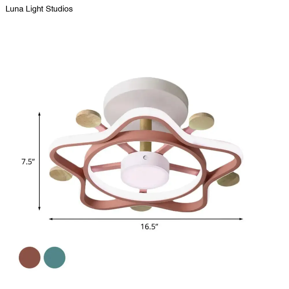 Kid's Pink/Blue Wood Pentagram LED Semi Flush Light - Ceiling Lighting for Baby Room in Warm/White Light