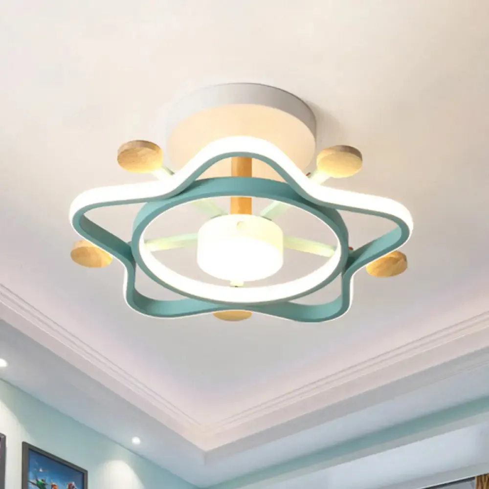 Kid's Pink/Blue Wood Pentagram LED Semi Flush Light - Ceiling Lighting for Baby Room in Warm/White Light
