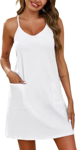 Marvmys Women's Sleeveless Short Nightgowns Racerback Sleep Dress with Pockets Scoop Neck Chemise Sleepwear