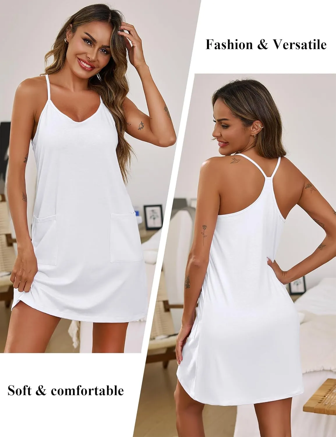 Marvmys Women's Sleeveless Short Nightgowns Racerback Sleep Dress with Pockets Scoop Neck Chemise Sleepwear