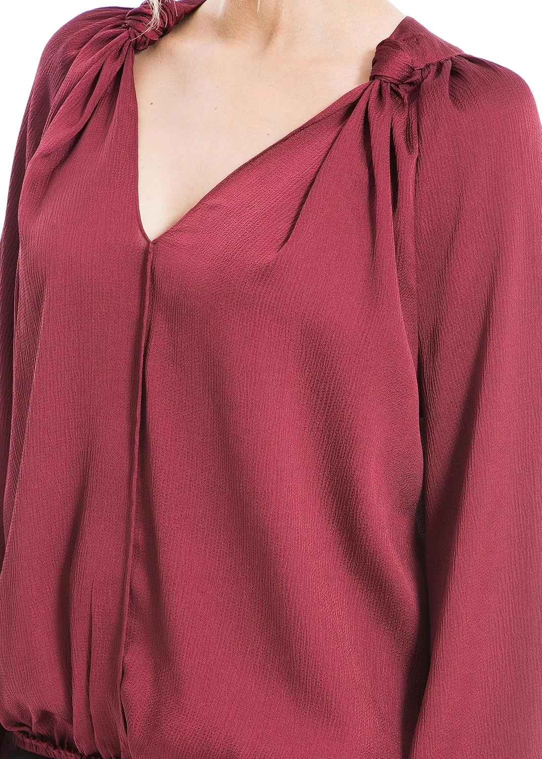 Max Studio Women's Matte Satin Balloon Sleeve V Neck Blouse with Knot Details at Neckline