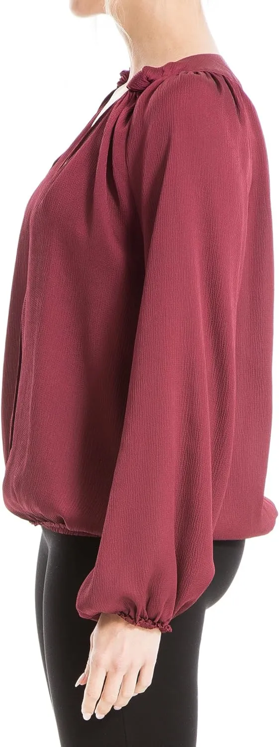 Max Studio Women's Matte Satin Balloon Sleeve V Neck Blouse with Knot Details at Neckline