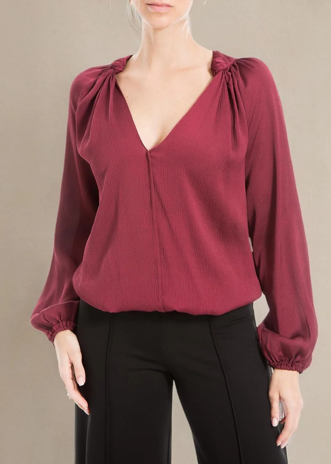 Max Studio Women's Matte Satin Balloon Sleeve V Neck Blouse with Knot Details at Neckline