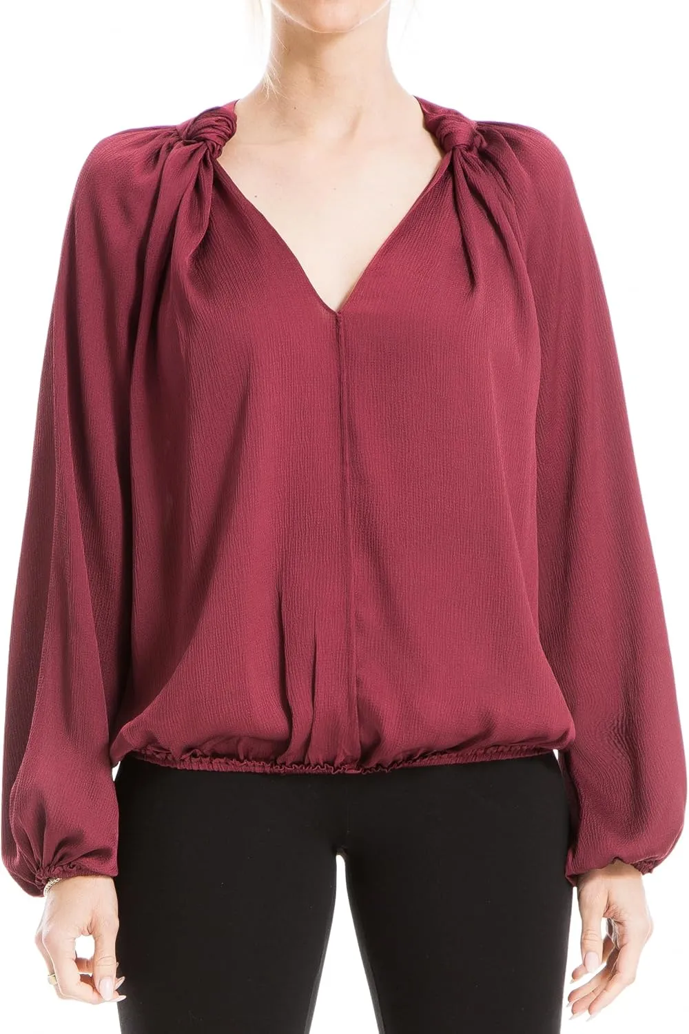 Max Studio Women's Matte Satin Balloon Sleeve V Neck Blouse with Knot Details at Neckline