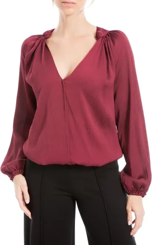 Max Studio Women's Matte Satin Balloon Sleeve V Neck Blouse with Knot Details at Neckline