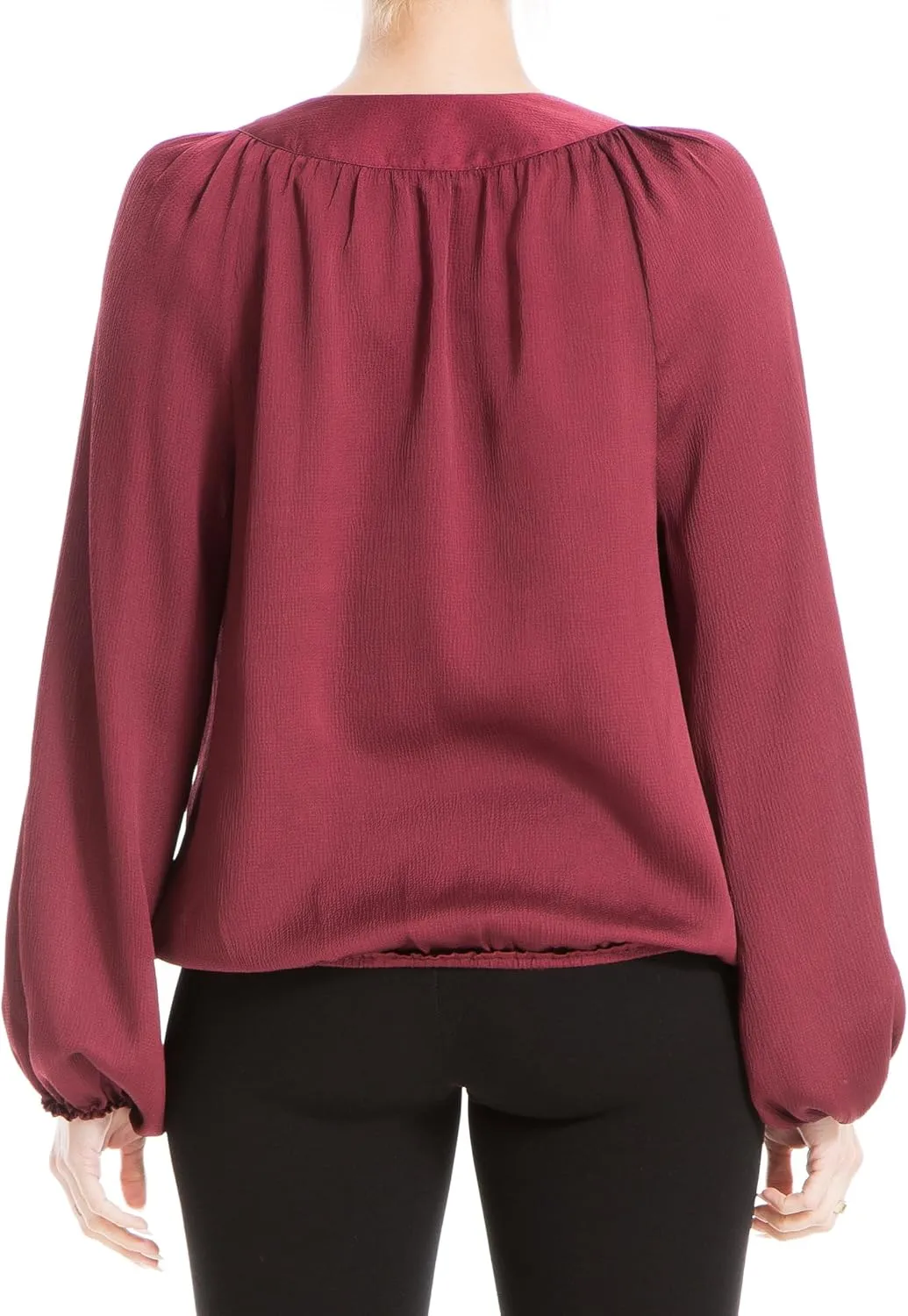 Max Studio Women's Matte Satin Balloon Sleeve V Neck Blouse with Knot Details at Neckline