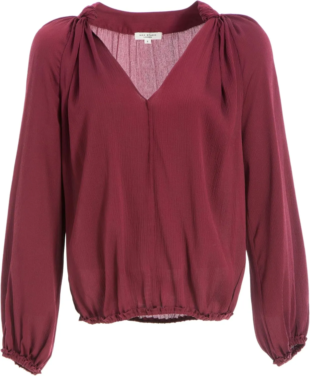 Max Studio Women's Matte Satin Balloon Sleeve V Neck Blouse with Knot Details at Neckline