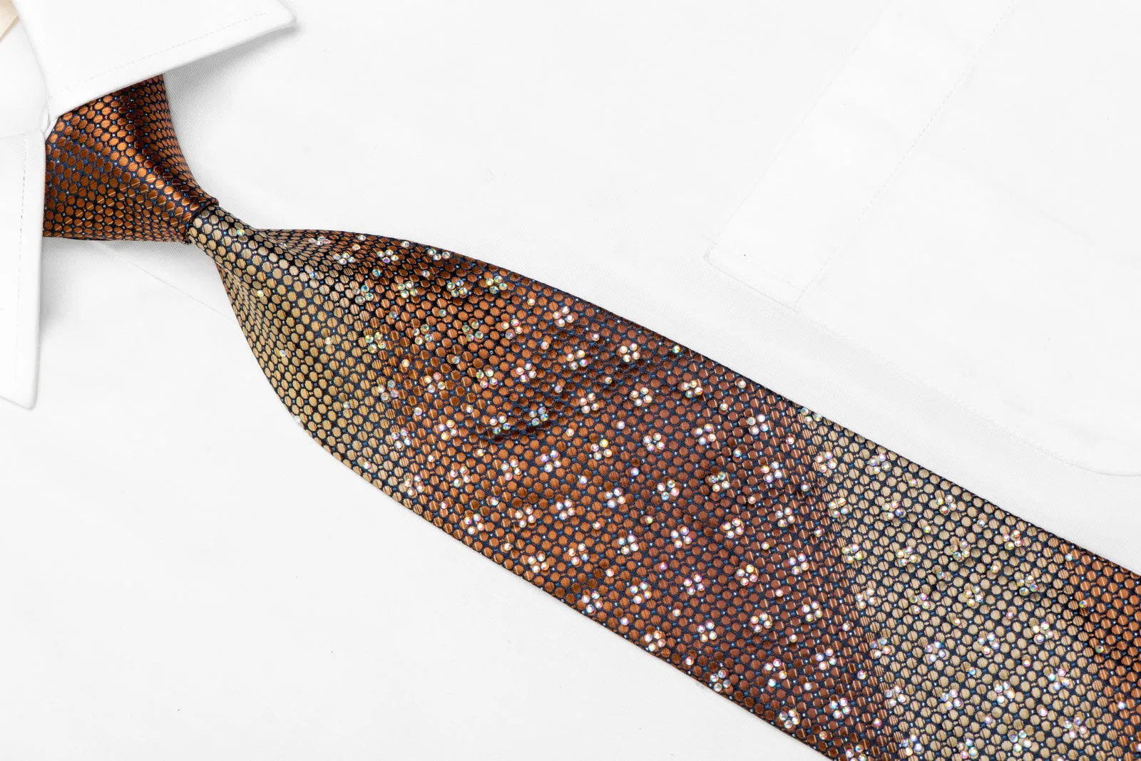 Men's Crystal Rhinestone Necktie Brown Geometric On Navy With Sparkles