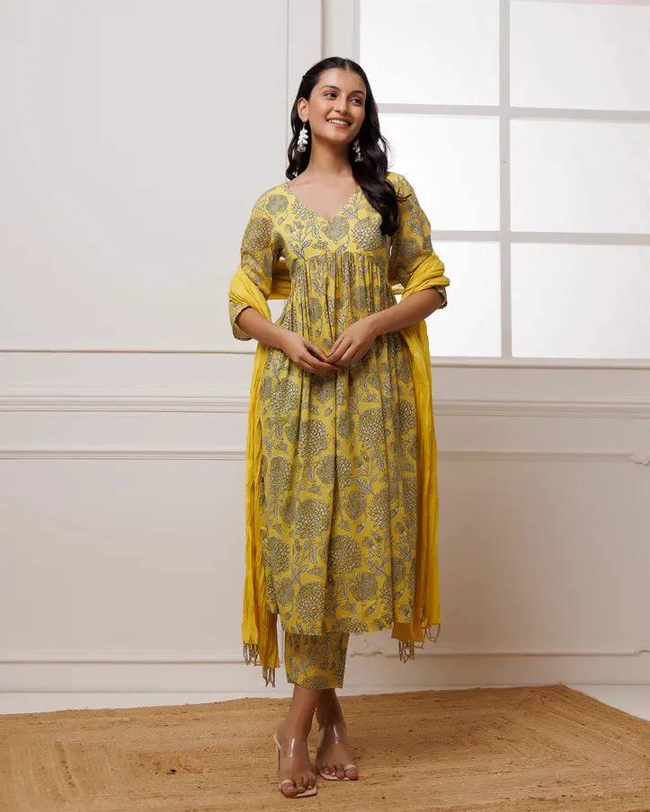 Mustard Hand Block Printed Mul-Mul Suit Set With Dupatta