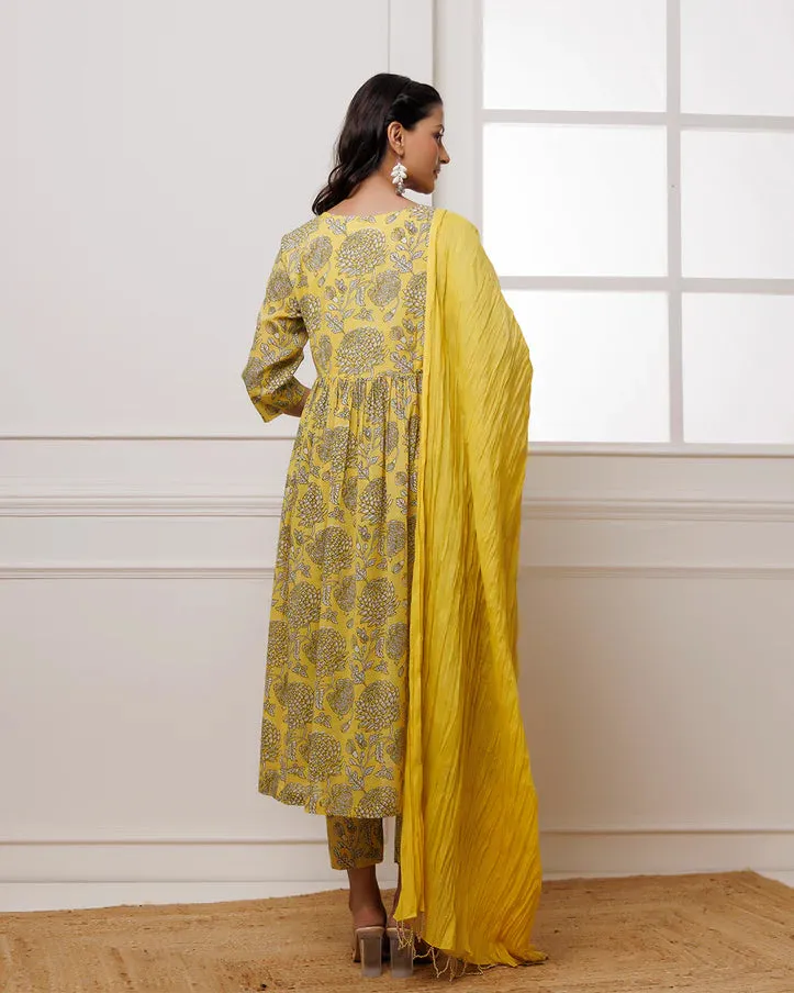 Mustard Hand Block Printed Mul-Mul Suit Set With Dupatta
