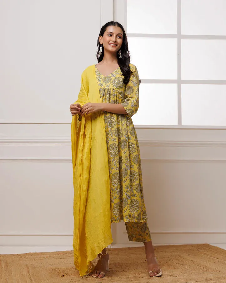 Mustard Hand Block Printed Mul-Mul Suit Set With Dupatta
