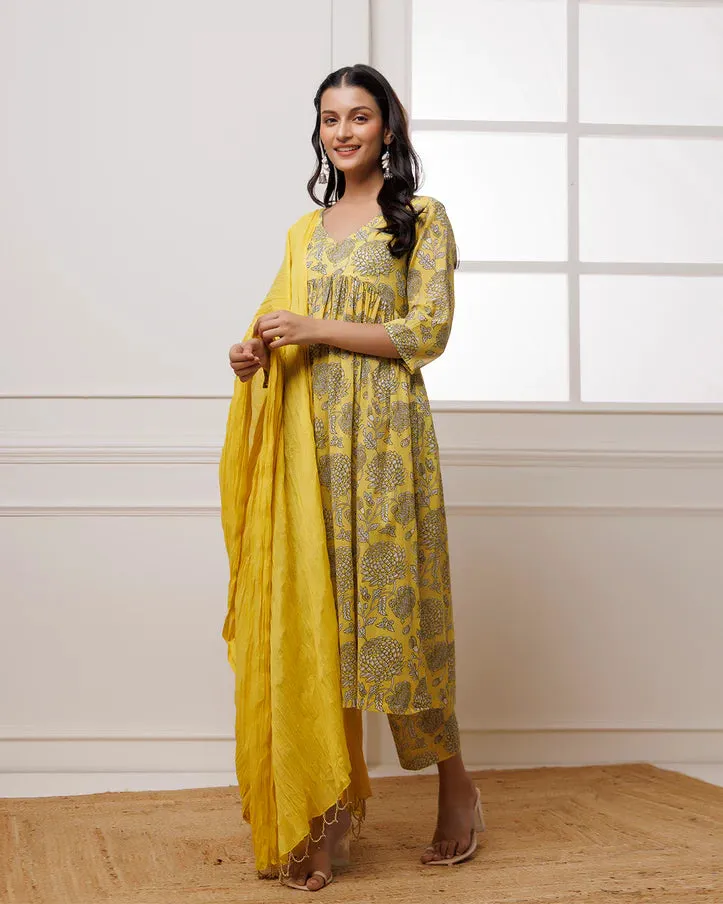 Mustard Hand Block Printed Mul-Mul Suit Set With Dupatta
