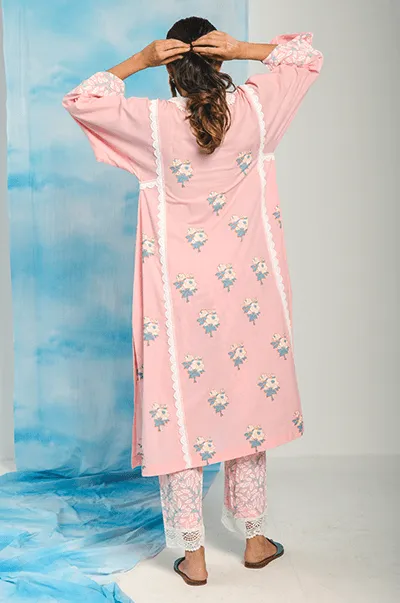 Nargis Soft Pink  Floral Printed Choga with Jaal Printed Palazzo and Dupatta - Set of 3