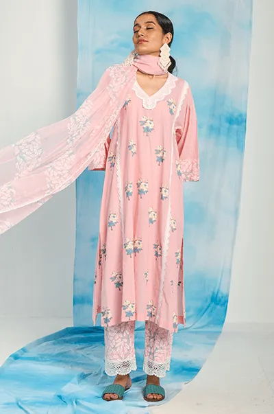 Nargis Soft Pink  Floral Printed Choga with Jaal Printed Palazzo and Dupatta - Set of 3