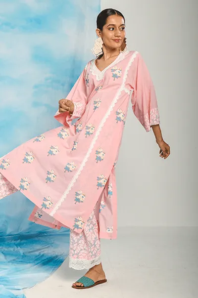 Nargis Soft Pink  Floral Printed Choga with Jaal Printed Palazzo and Dupatta - Set of 3