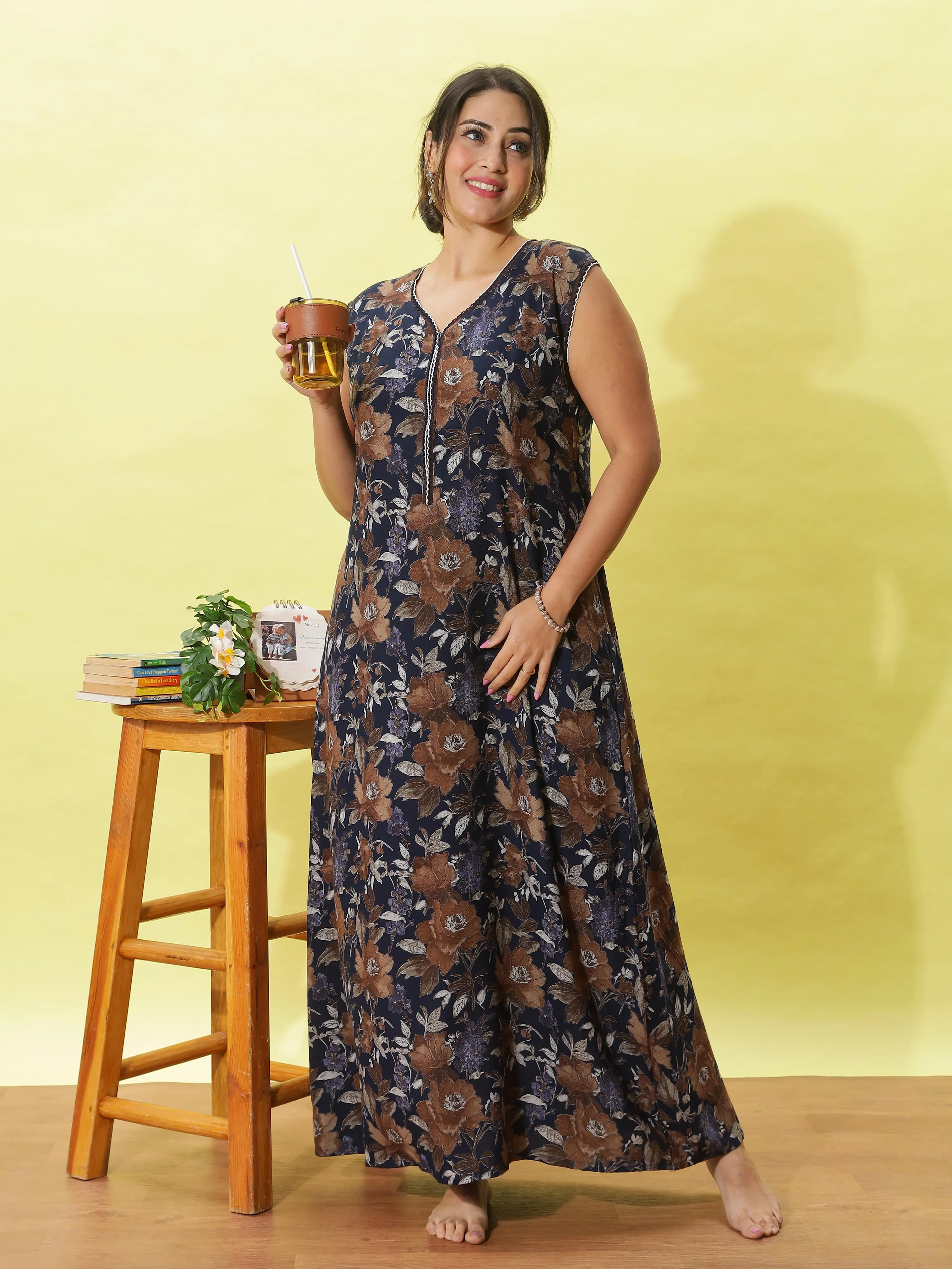 Navy Blue Floral Sleeveless Designer Nighty A-Line Maxi with Pocket