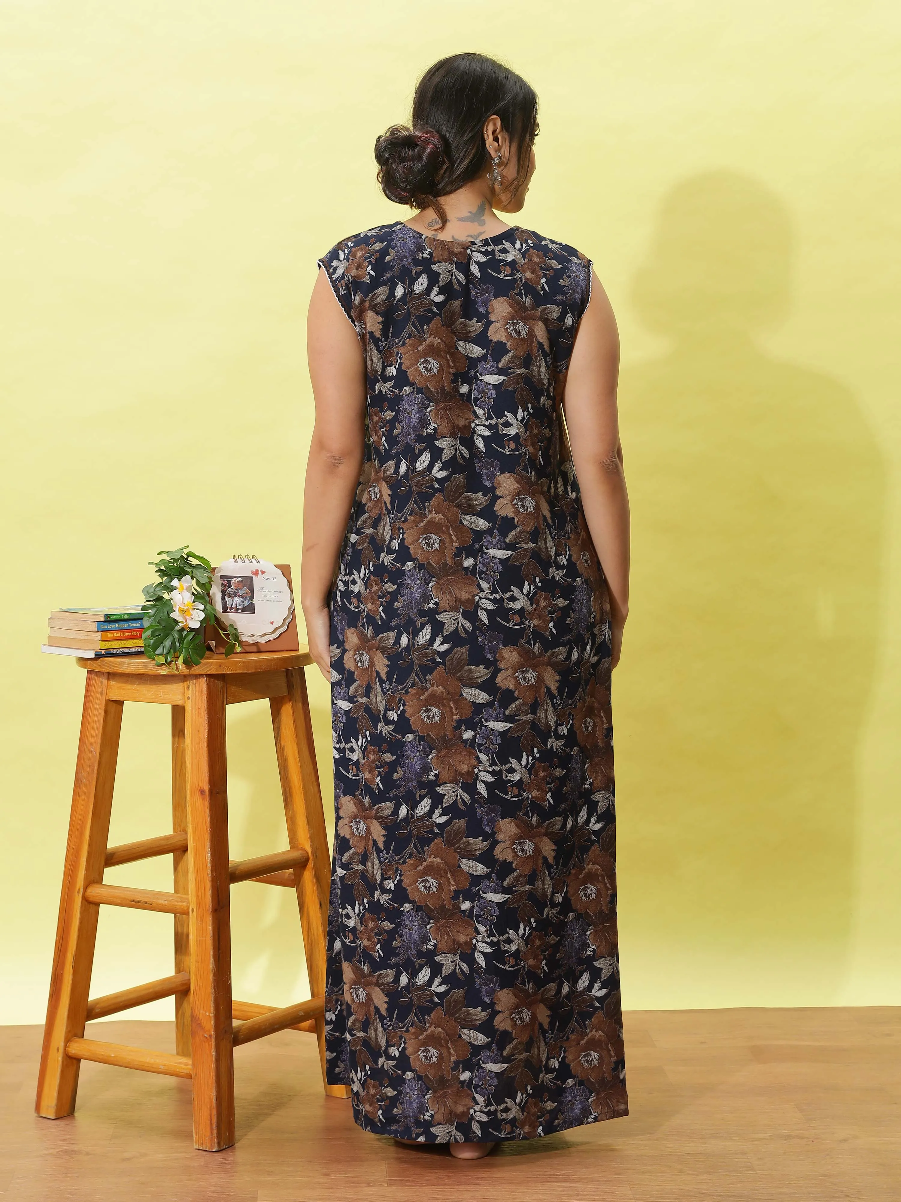 Navy Blue Floral Sleeveless Designer Nighty A-Line Maxi with Pocket