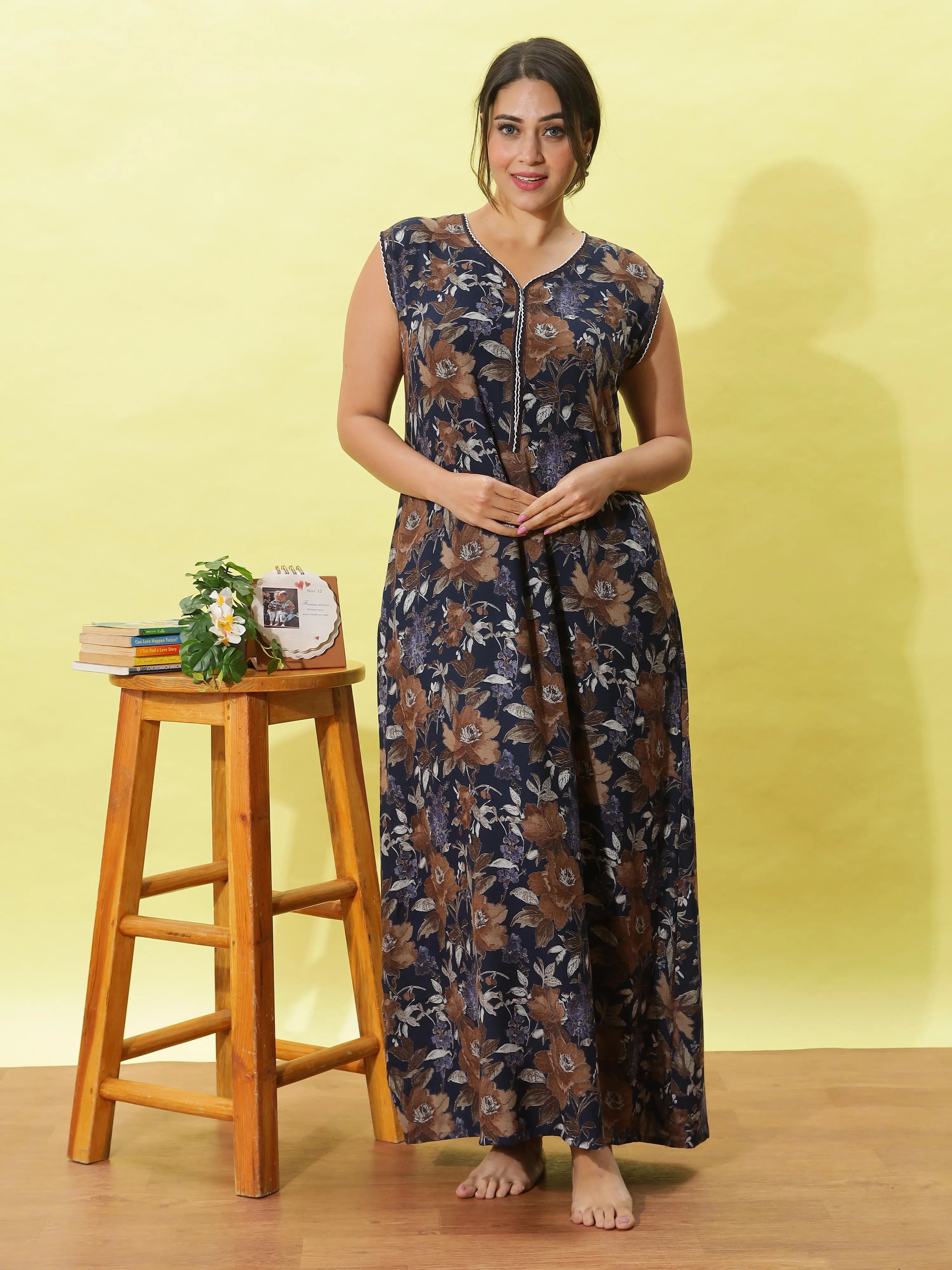 Navy Blue Floral Sleeveless Designer Nighty A-Line Maxi with Pocket